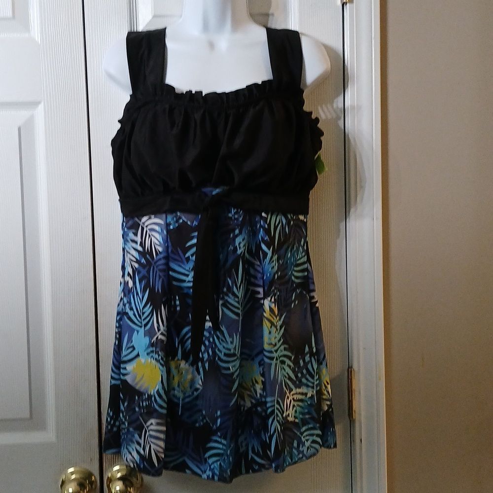 Slopehill black blue fern print Tankini Top Swimwear Dress Sz XL